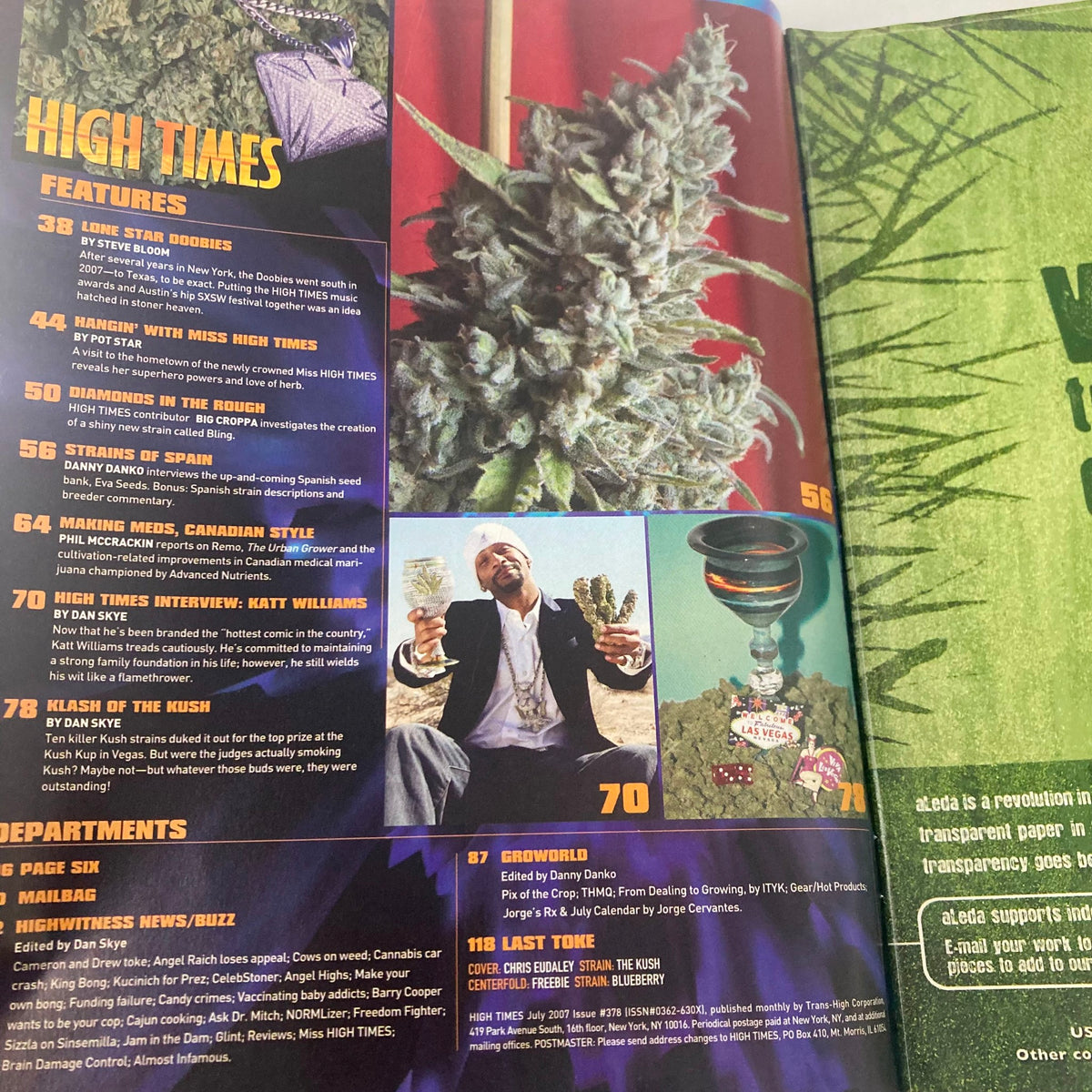Inside view of High Times Magazine July 2007 #378 showcasing cannabis features and articles, including a detailed image of cannabis buds.