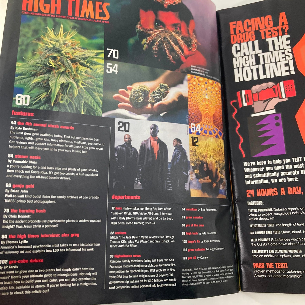 Inside spread of High Times Magazine June 2002 #322 showcasing various cannabis strains and articles related to cannabis culture, including features on grow boxes.