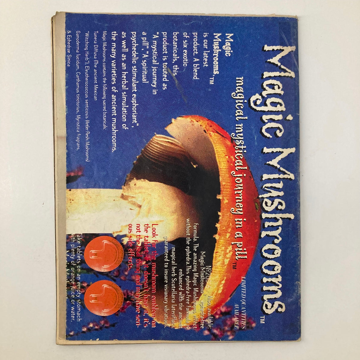 Back advertisement from High Times Magazine June 1996 featuring a product called Magic Mushrooms with a vibrant blue background and a large image of a mushroom.