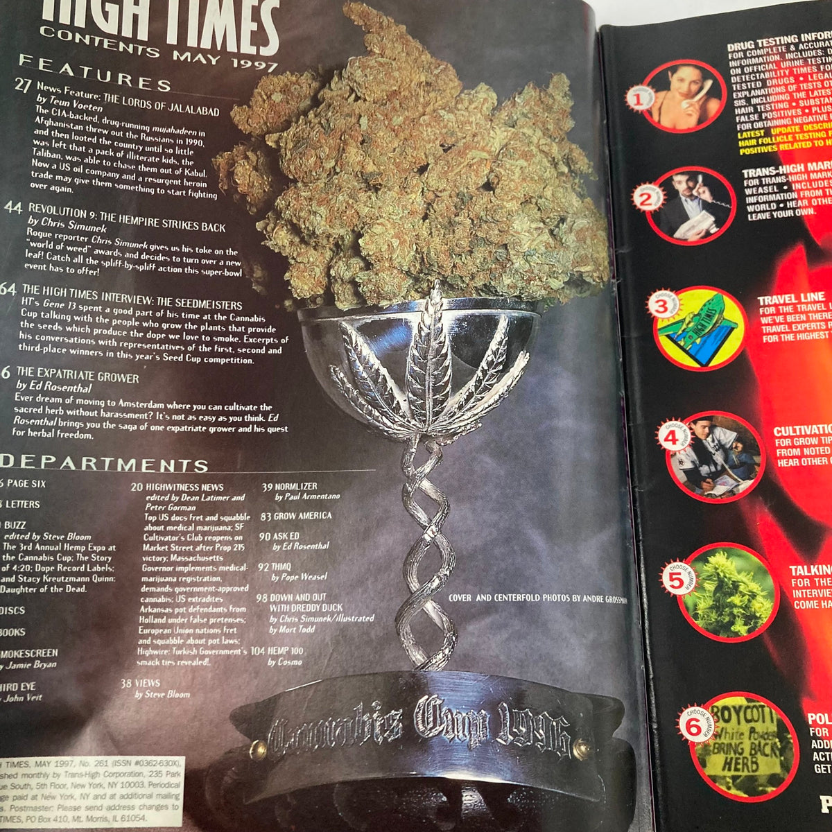 Interior page of High Times Magazine May 1997 #261 displaying a cannabis cup trophy and a selection of cannabis buds, highlighting features from the issue.