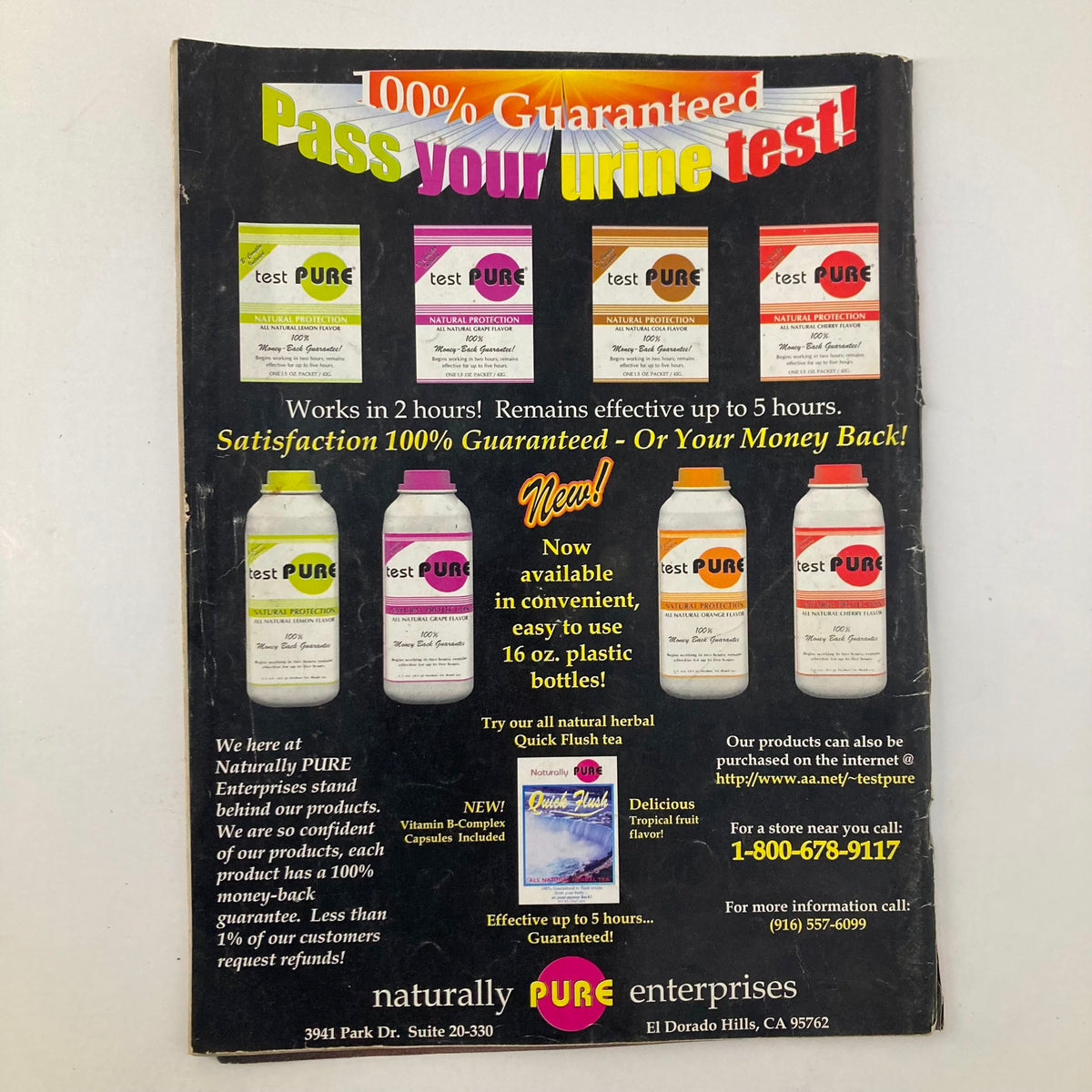 Back cover of High Times Magazine May 1997 #261 promoting urine test products, showcasing advertisement for Naturally Pure Enterprises.