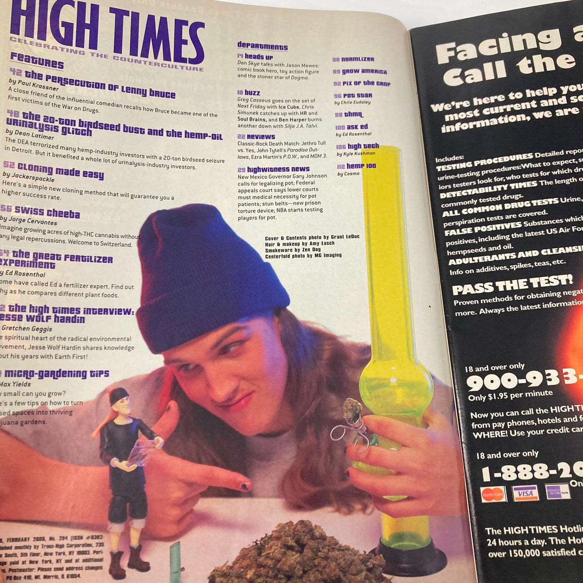 High Times Magazine February 2000 showcasing a vibrant page with cannabis culture articles and a featured image of Jason Mewes, known for his role in Dogma.