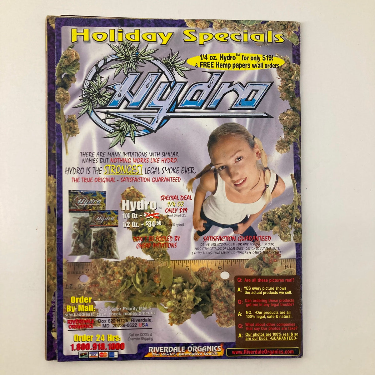 Ad from High Times Magazine January 2000 promoting Hydro marijuana product, emphasizing cannabis quality and availability.