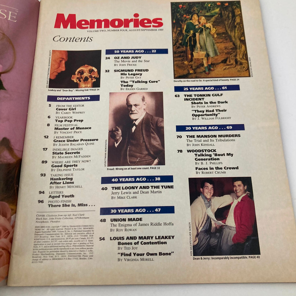 Contents page of the VTG Memories Magazine of Then and Now, August 1989, featuring articles on notable figures like Sigmund Freud, themes from 50 years ago, and entertainment history.