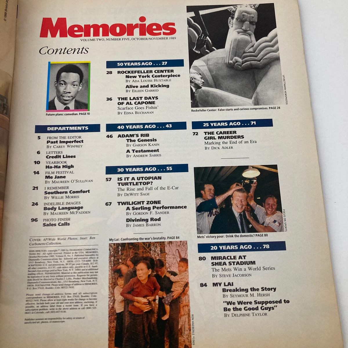 Contents page of the VTG Memories Magazine of Then and Now, October 1989, listing articles including 'The Last Days of Al Capone' with detailed sections and notable features.