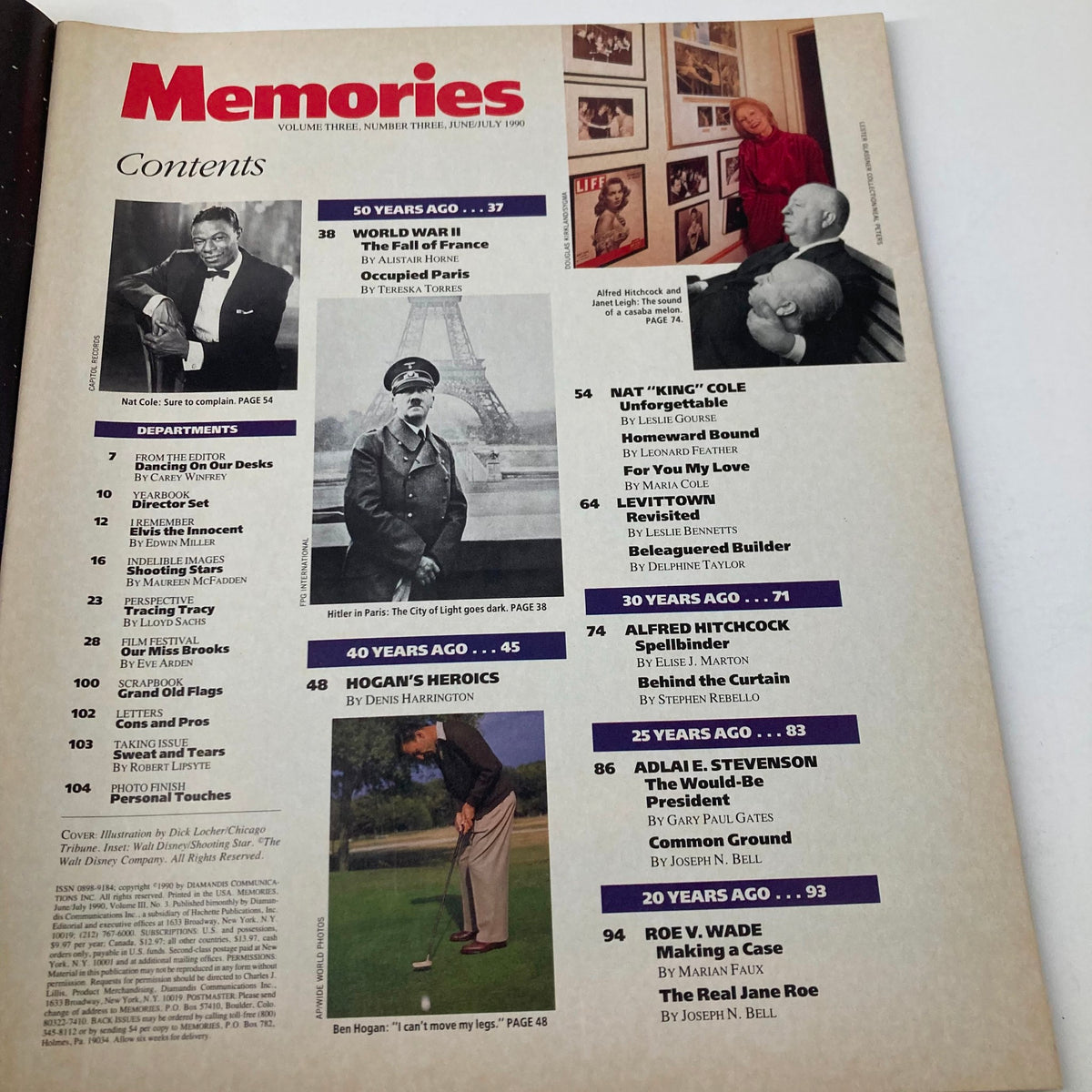 Contents page of 'Memories Magazine of Then and Now' June 1990, featuring articles on Dick Tracy, historical perspectives including WWII, and highlights of pop culture milestones.