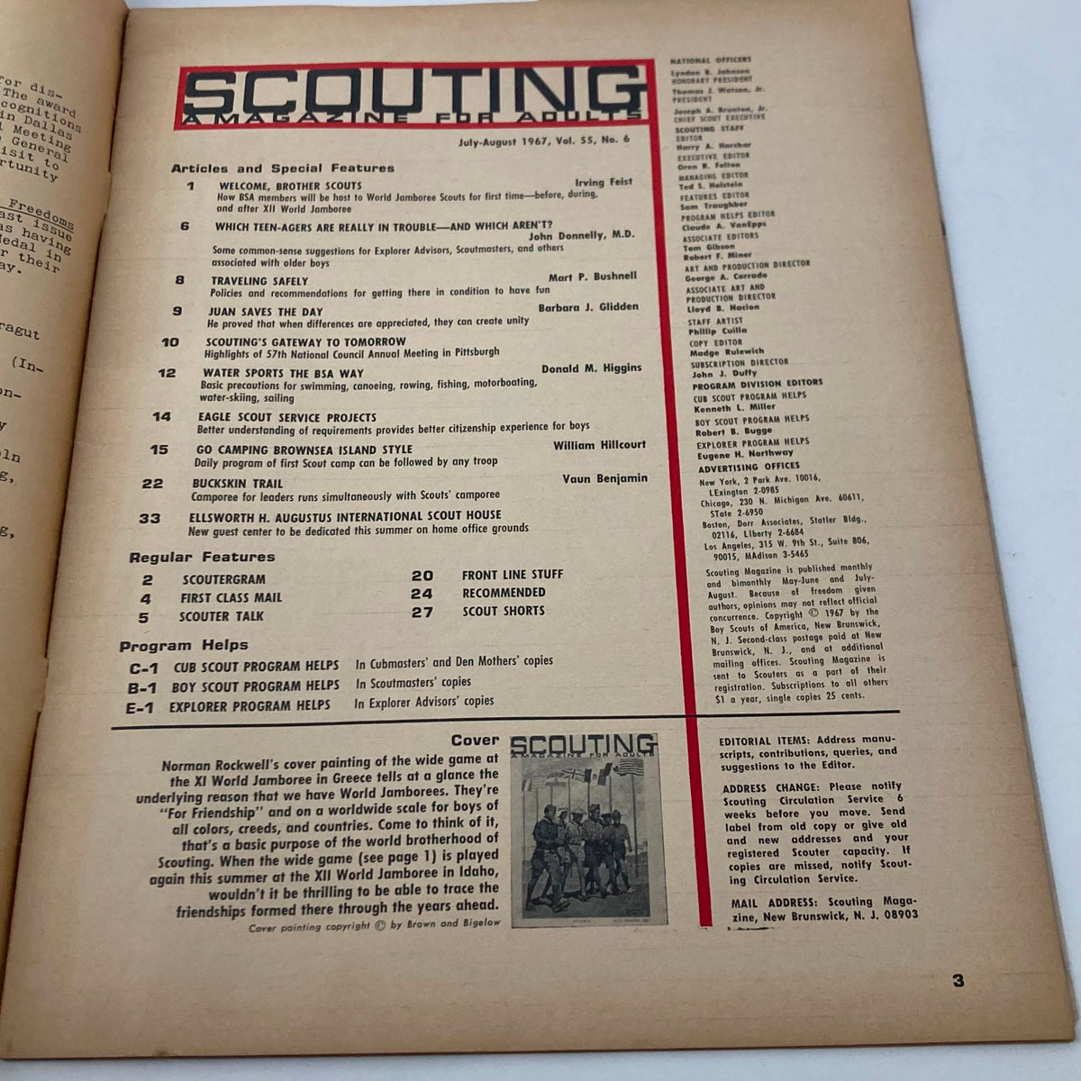 Interior page of the July 1967 VTG Scouting A Magazine for Adults showing contents and articles with a focus on the World Jamboree.