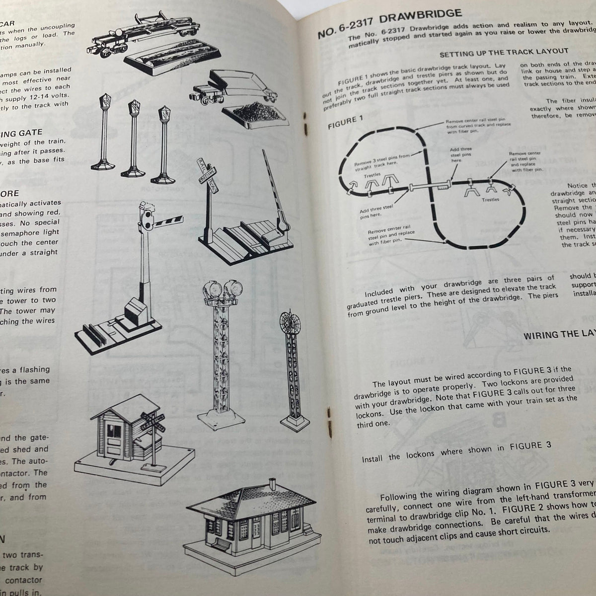 Detailed page from the 1975 Lionel Train Manual showing accessories like gates, signals, and layout setup diagrams.