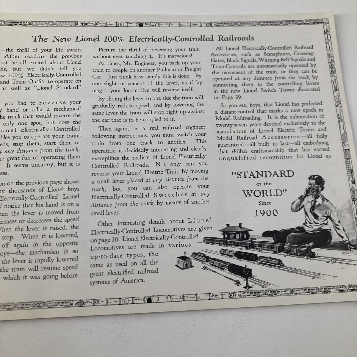 Interior page from the 1927 Lionel Electric Trains Model Railroad Accessories Catalog detailing electrically-controlled railroads and accessories.