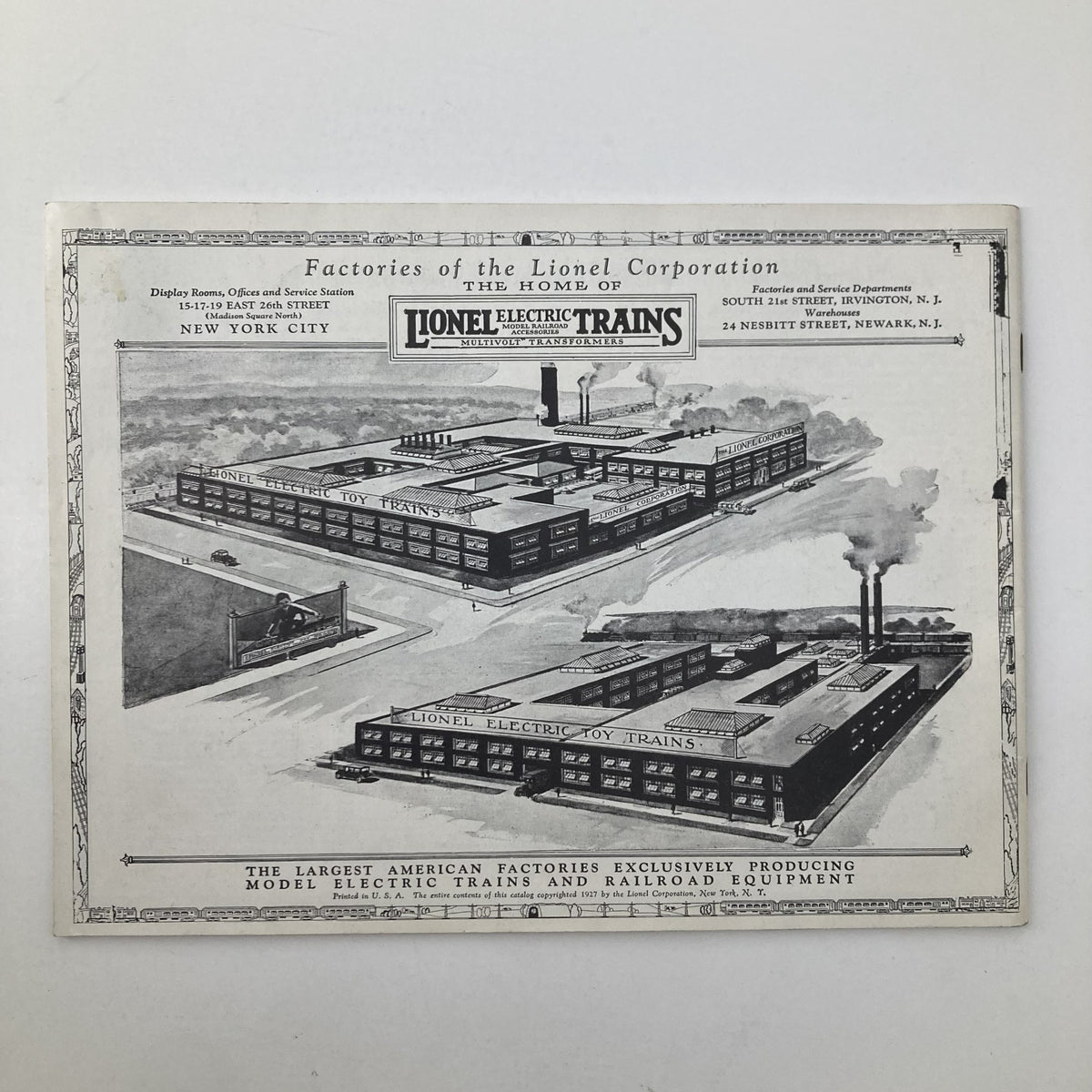 1927 Lionel Electric Trains Model Railroad Accessories Catalog showcasing the factories of the Lionel Corporation located in New York City, highlighting the production of electric trains and railroad equipment.