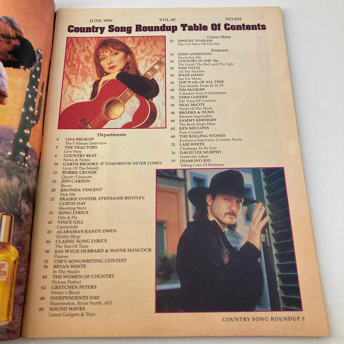 Table of contents from Country Song Roundup Magazine June 1996 listing features including Dwight Yoakam and other country music artists, providing a glimpse into the articles within.