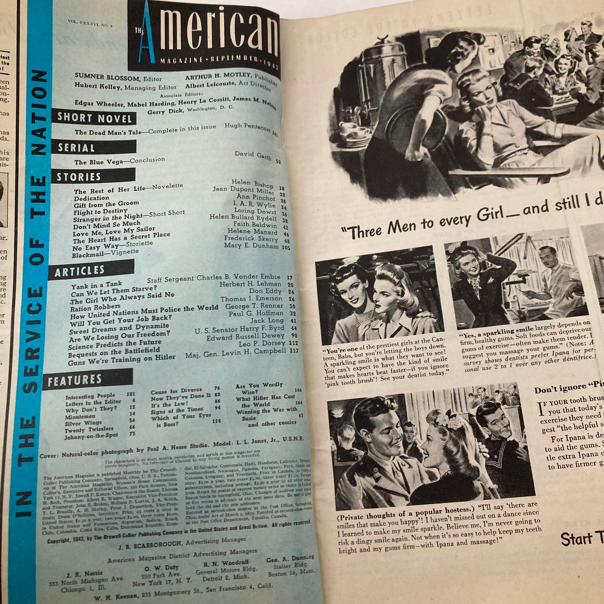Inside page of VTG The American Magazine September 1943, listing articles including 'Losing Our Freedom' by Harry F. Byrd and other featured stories.