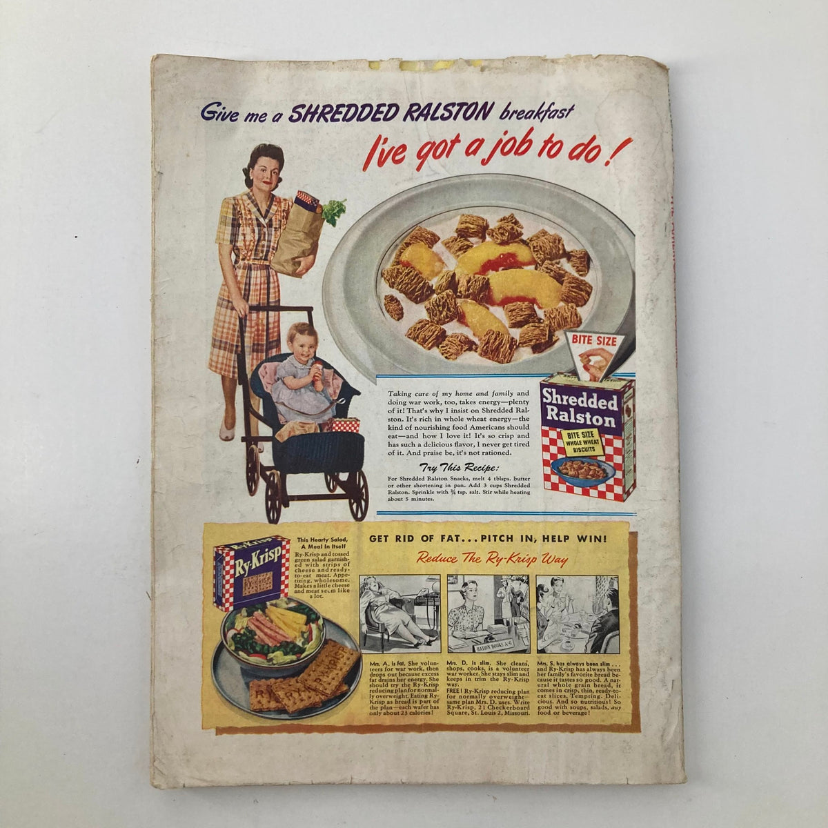 Vintage advertisement from The American Magazine, September 1943, featuring a woman with groceries promoting Shredded Ralston breakfast cereal, alongside an article titled 'Losing Our Freedom' by Harry F. Byrd.