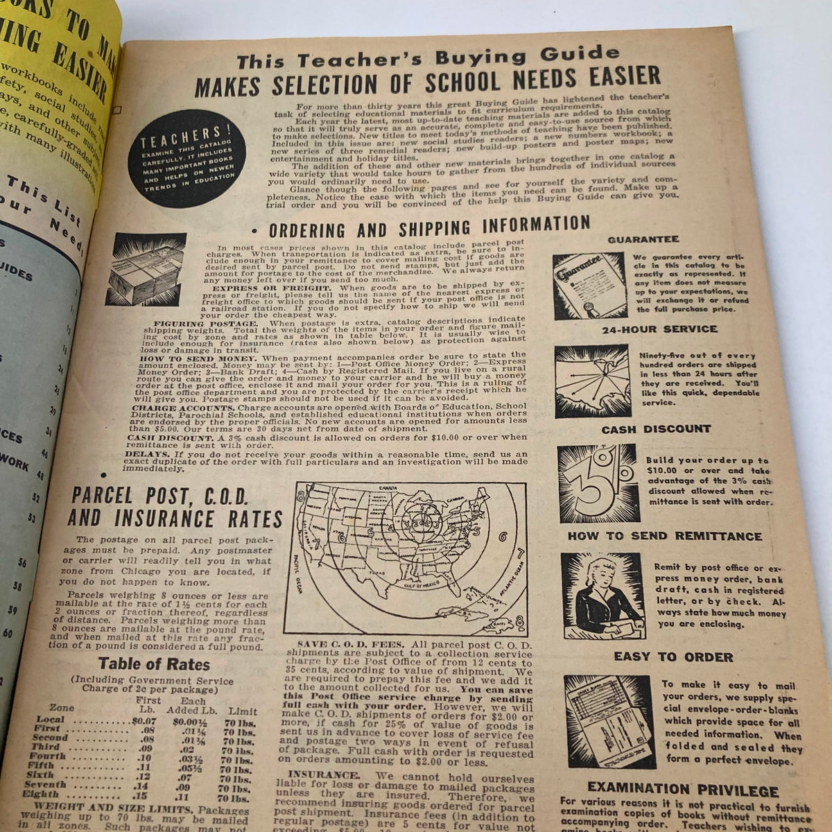 Interior page of the 1944 Teacher's Buying Guide detailing ordering and shipping information for educational resources.