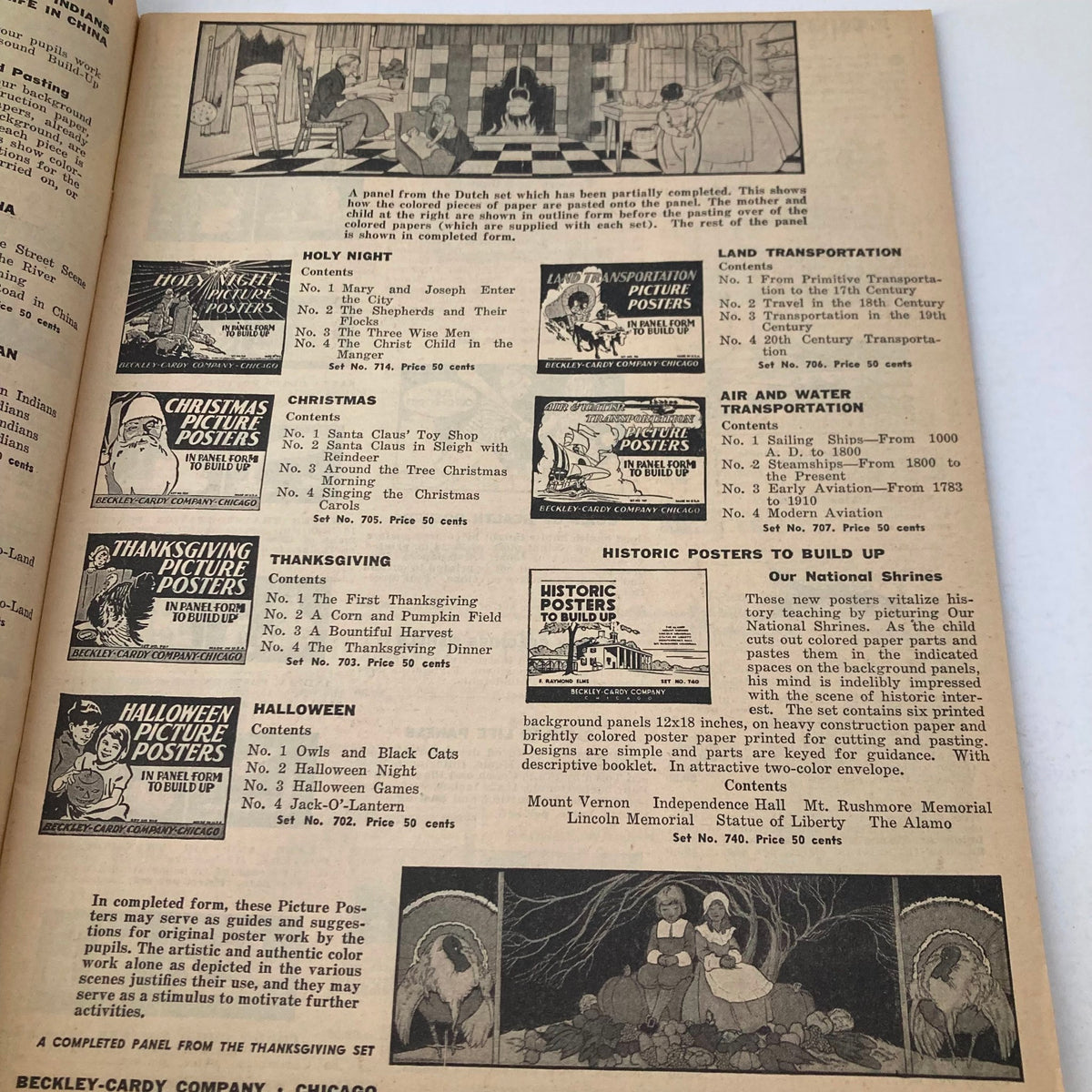 Interior page of the 1944 Teacher's Buying Guide featuring seasonal educational posters and their descriptions, including holiday-themed materials.