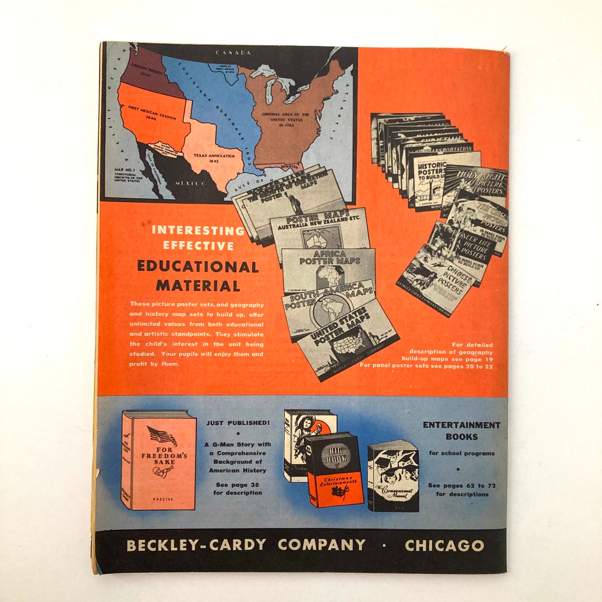 Back cover of the 1944 Teacher's Buying Guide showcasing maps and educational materials offered by Beckley-Cardy Company.