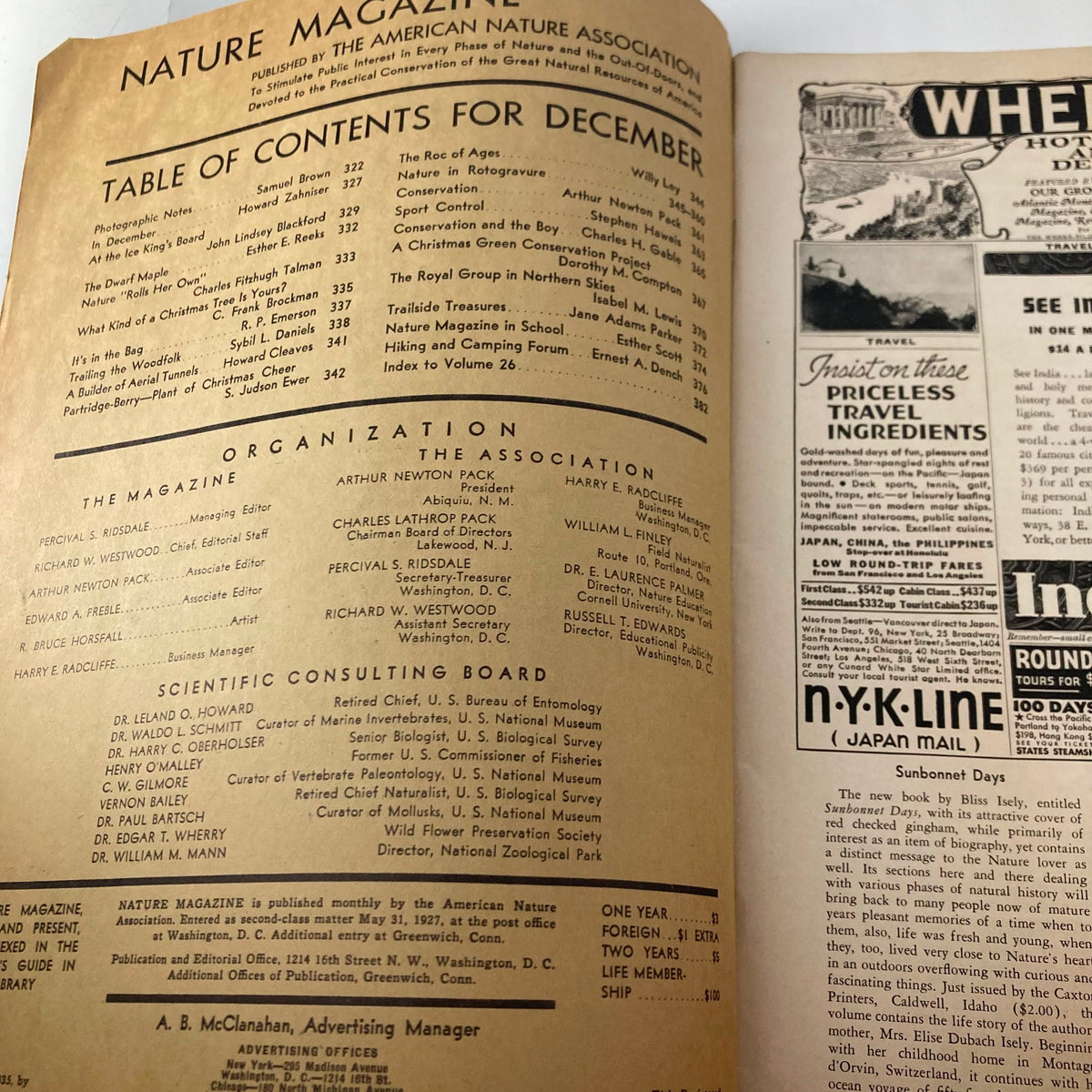 Table of Contents from VTG Nature Magazine December 1935 listing featured articles including 'The Roc of Ages' and 'Conservation'.