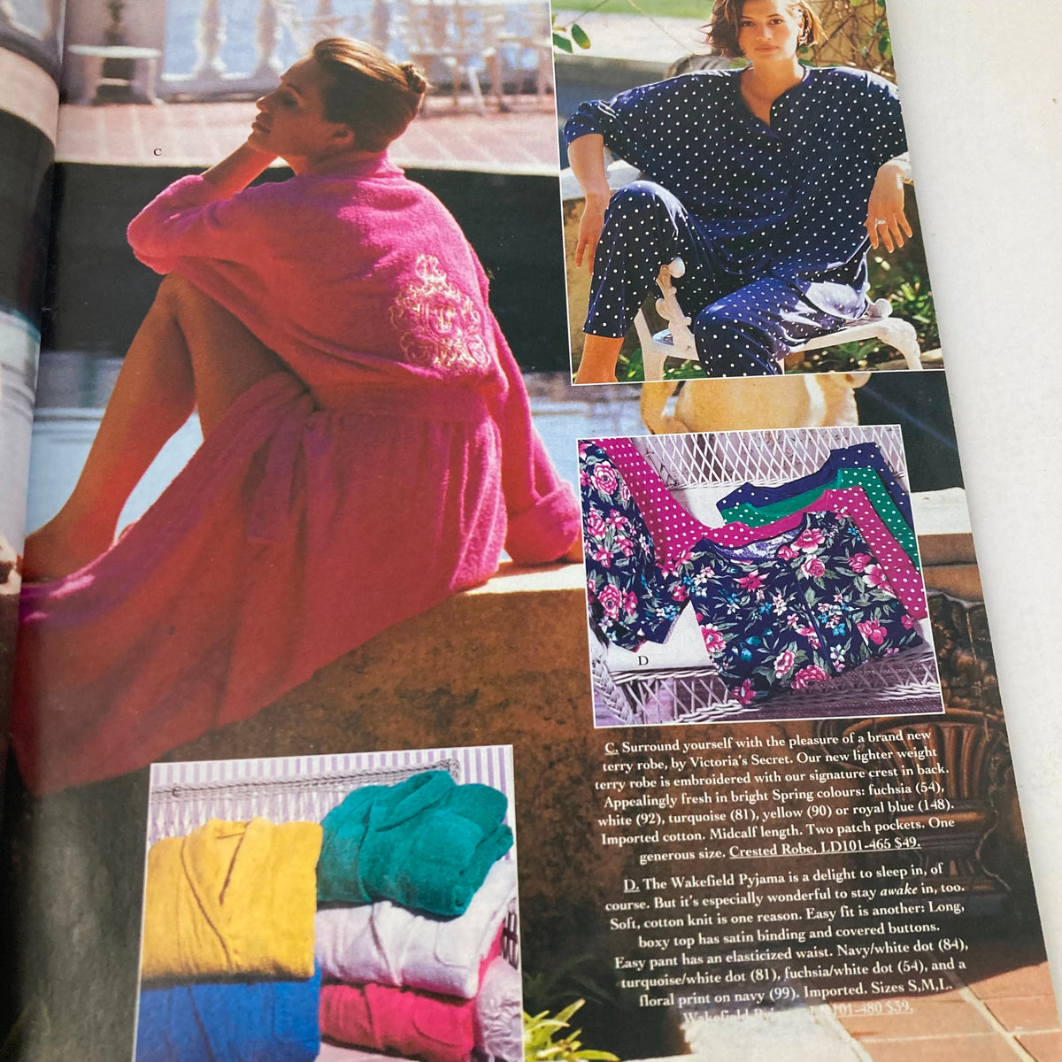 Spring 1992 Collection Victoria's Secret No. 10 Catalog featuring a model in a pink terry robe, alongside colorful pajamas and loungewear, with a serene outdoor backdrop.
