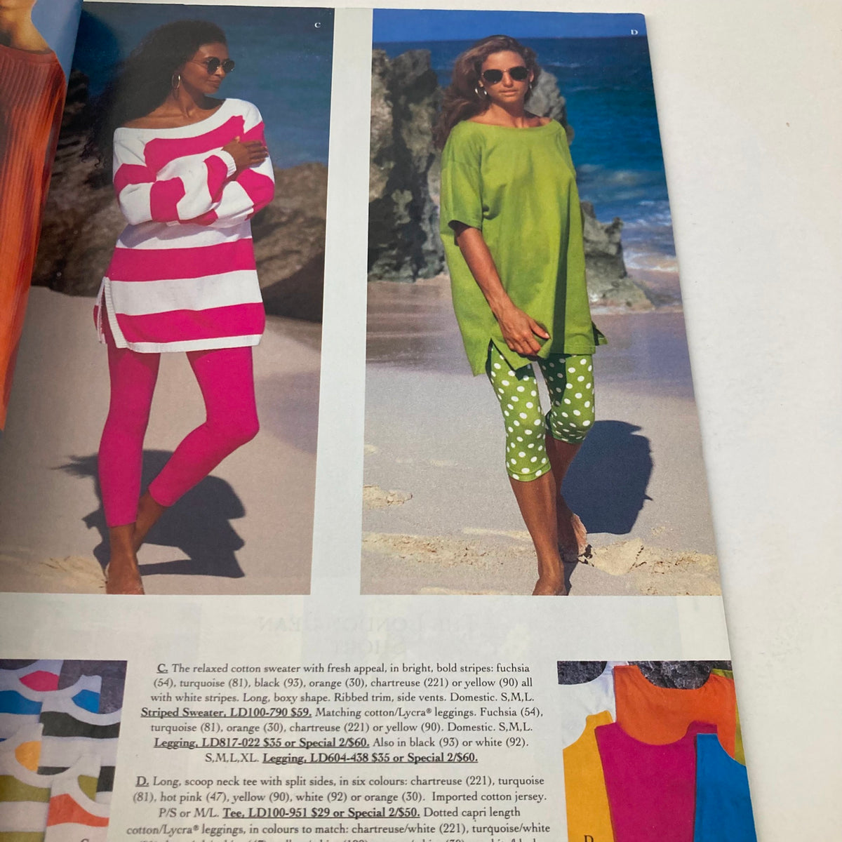 Spring 1992 Collection Victoria's Secret No. 10 Catalog illustrating bold striped and solid color outfits on models at the beach, capturing playful summer styles.