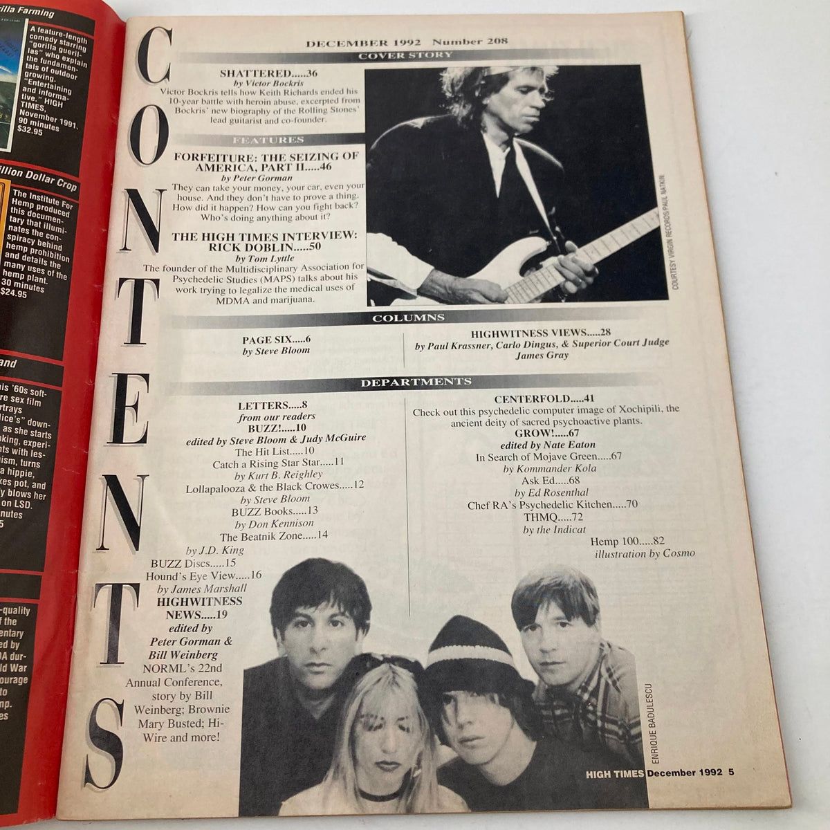 Contents page of High Times Magazine December 1992 No. 208, featuring various articles including Rick Doblin's interview on MDMA and cannabis.