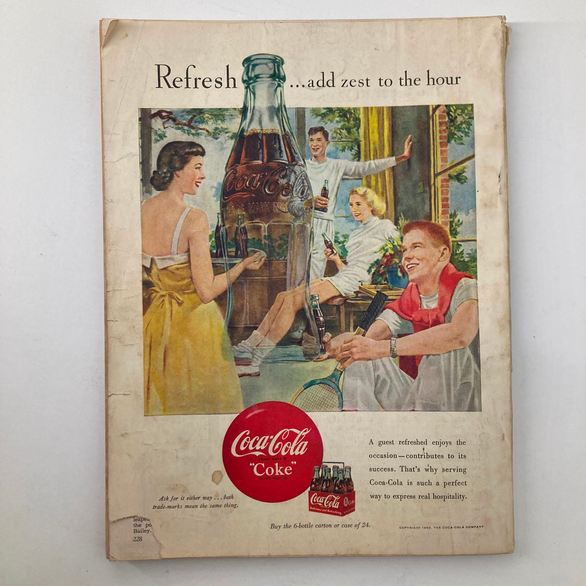 Back cover of VTG Good Housekeeping Magazine August 1950 showcasing a Coca-Cola advertisement with friends enjoying drinks together.