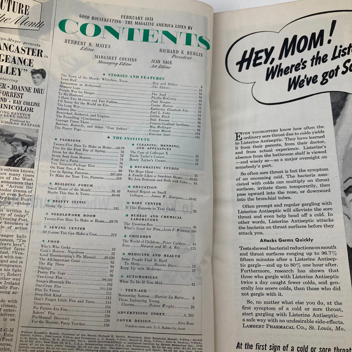 Contents page of February 1951 Good Housekeeping Magazine, listing articles and features, including a section on food.