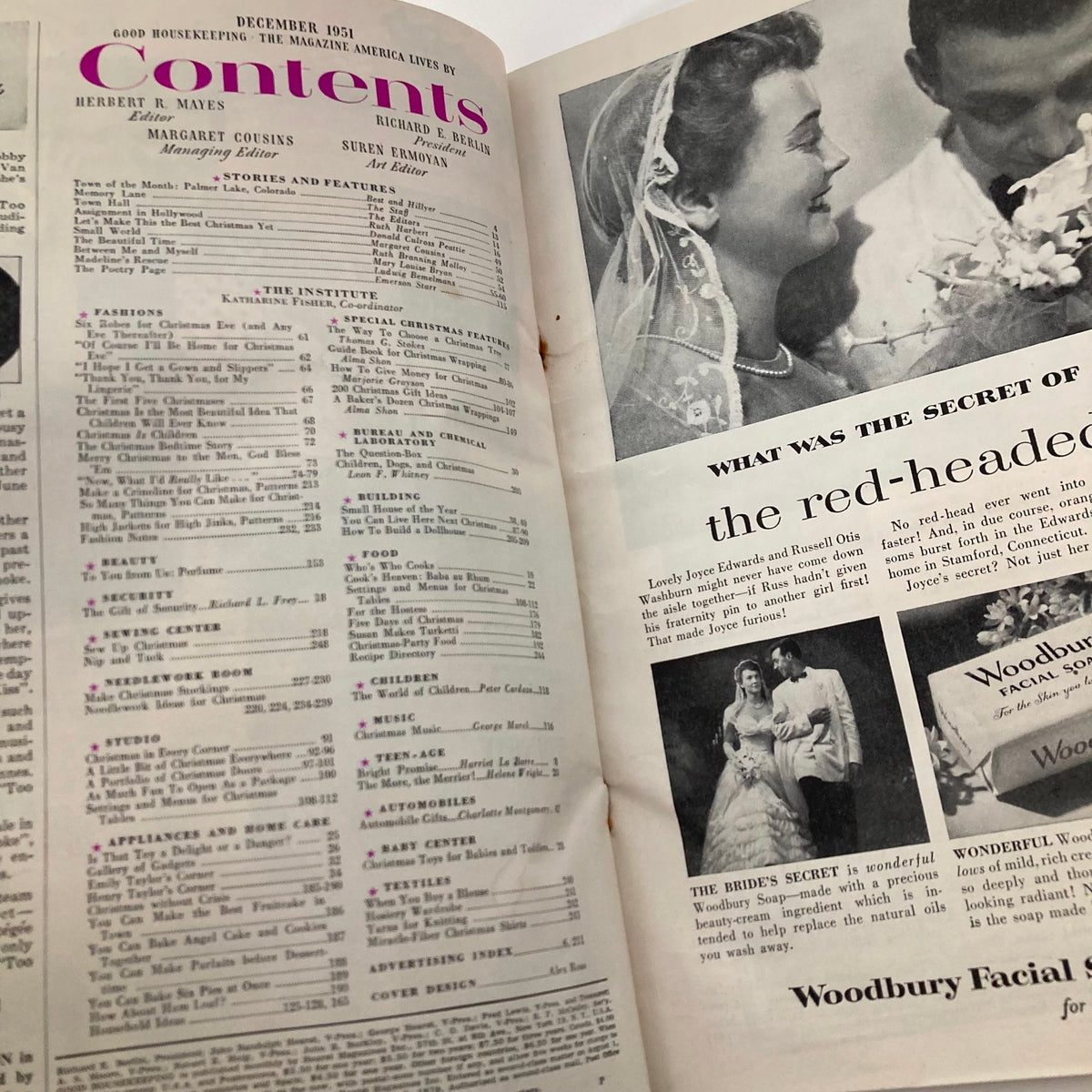 Interior page of the VTG Good Housekeeping Magazine December 1951 Christmas Issue displaying the table of contents with articles related to holiday traditions and lifestyle.