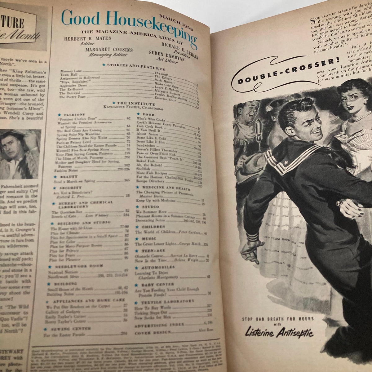 Interior page of VTG Good Housekeeping Magazine March 1952, showcasing the table of contents and features including a focus on food and cooking.
