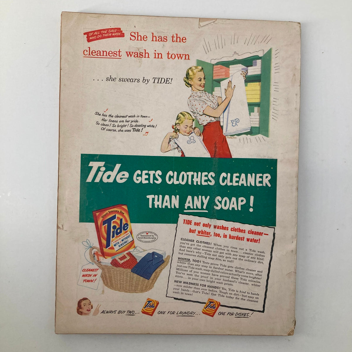 Back cover of VTG Good Housekeeping Magazine March 1952 featuring an advertisement for Tide detergent, promoting its superior cleaning power.