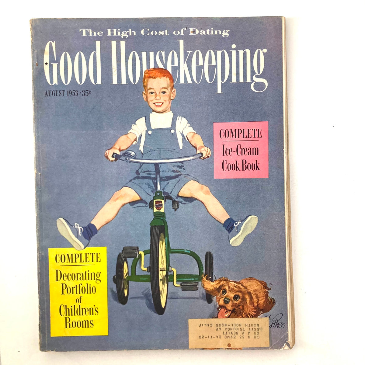 Cover of VTG Good Housekeeping Magazine August 1953 featuring a boy on a tricycle and a dog, advertised as the Complete Ice-Cream Cook Book.