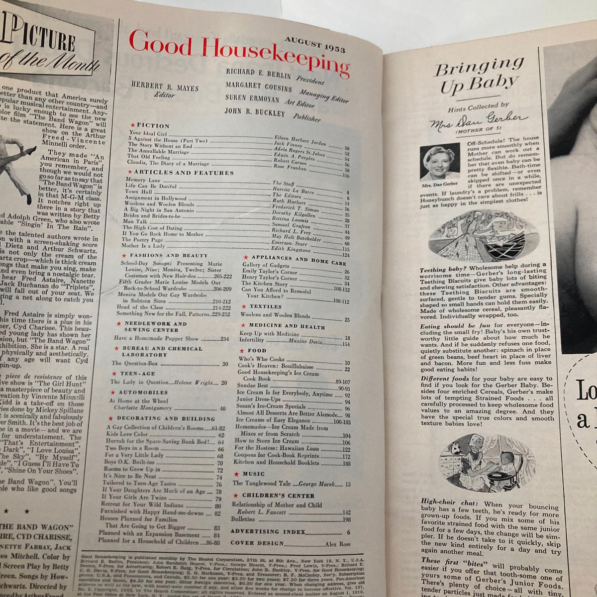 Inside page of VTG Good Housekeeping Magazine August 1953 displaying the table of contents and various articles, showcasing mid-century family life.