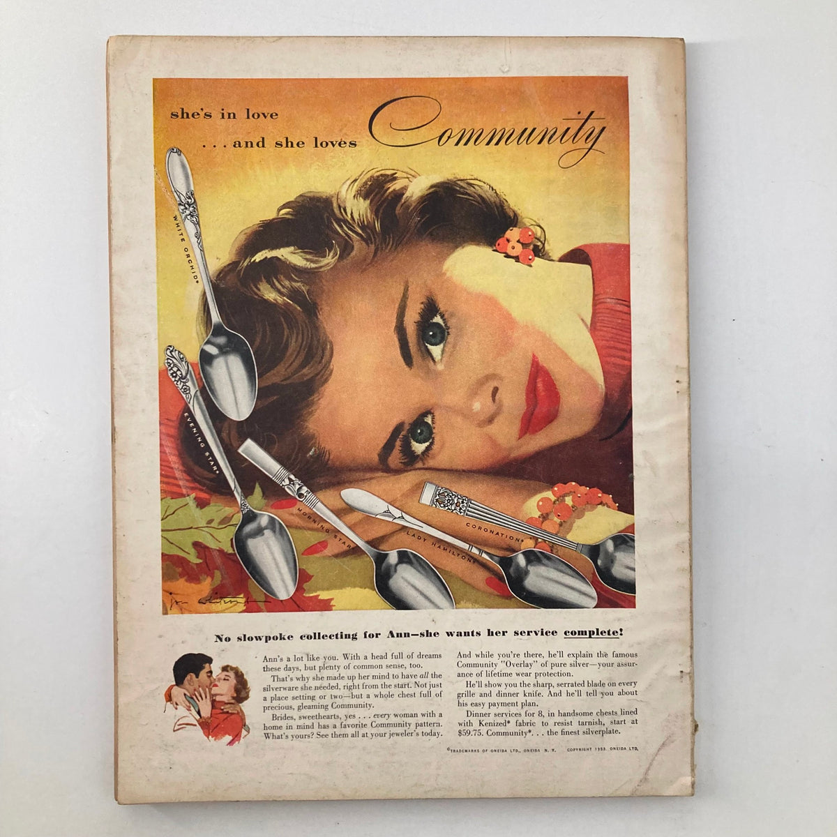 Back cover of VTG Good Housekeeping Magazine September 1953 displaying an advertisement for Community silverware with a vintage illustration of a woman.