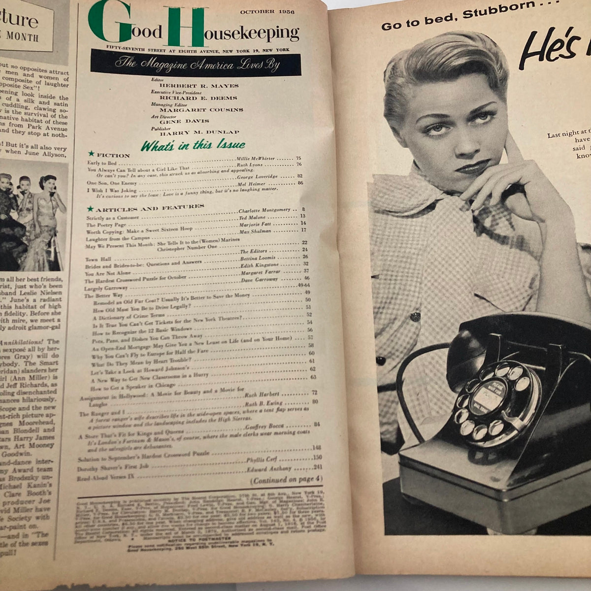 Interior page of VTG Good Housekeeping Magazine October 1956 displaying the table of contents and various articles from the era, capturing the essence of 1950s home and lifestyle.