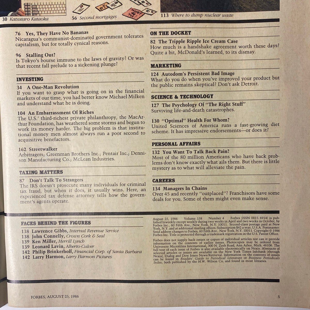 Page featuring an article titled 'A Barbarian Personality' from Forbes Magazine August 25, 1986, discussing corporate strategies and international relations.