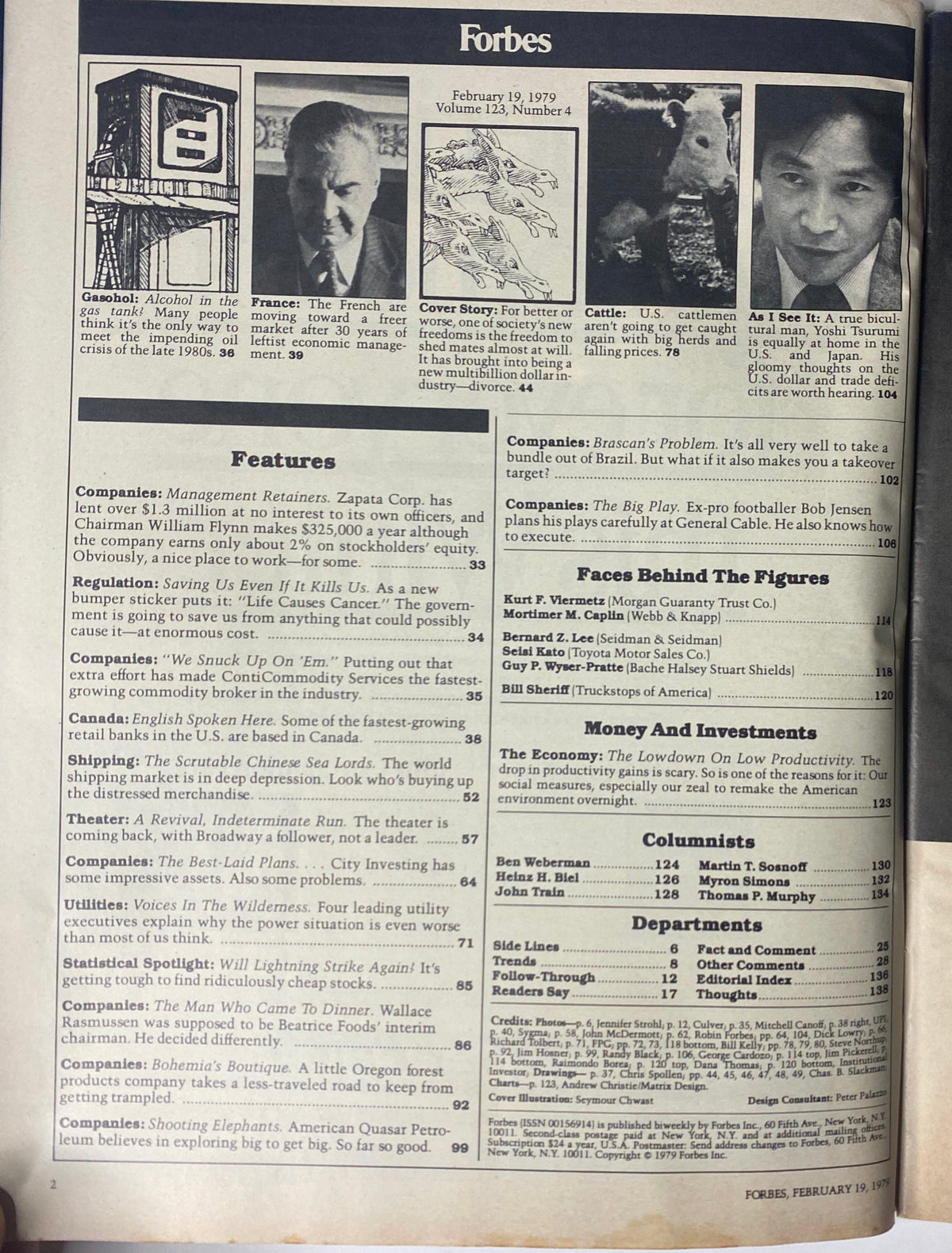 Inside pages of Forbes Magazine dated February 19, 1979, displaying articles and features relevant to corporate strategies and economic discussions of the time.
