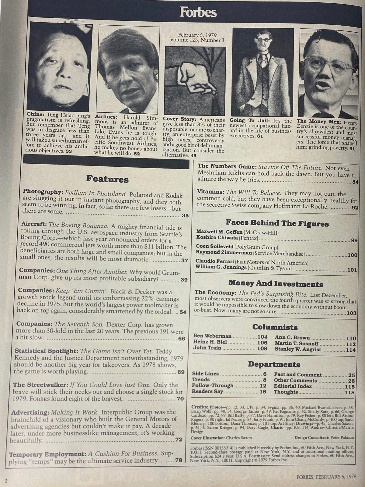 Interior page from Forbes Magazine February 5, 1979, detailing features and key articles, including a cover story about charitable giving.