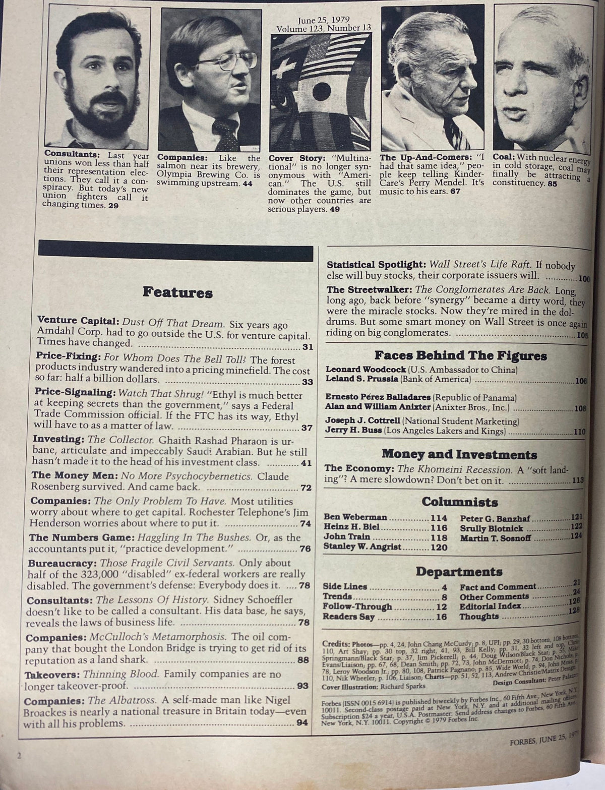 Interior page of Forbes Magazine June 25, 1979, highlighting various articles on multinational firms and corporate strategies, along with feature descriptions.