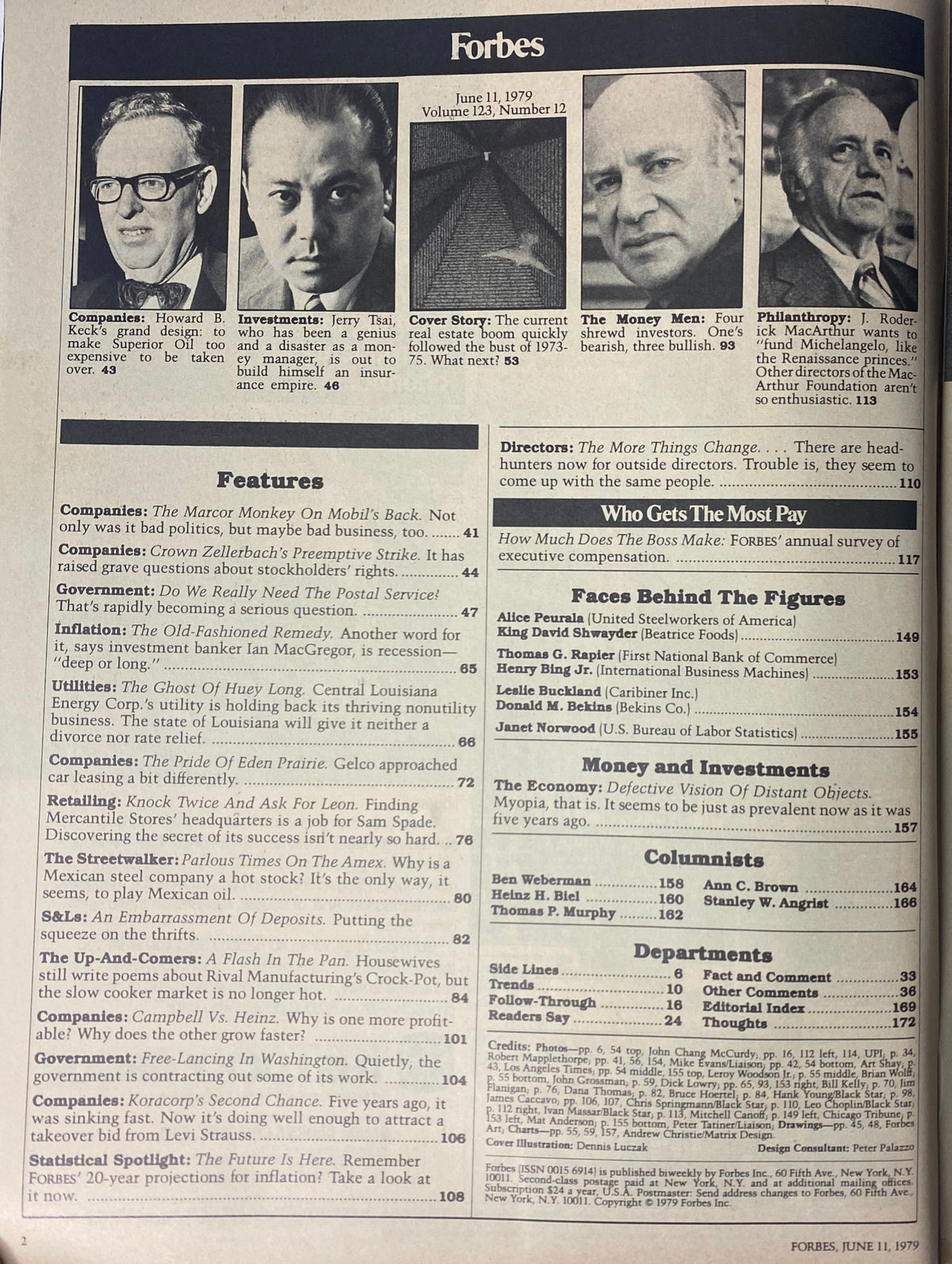 Forbes Magazine June 11, 1979 Table of Contents featuring articles on real estate, investments, and corporate affairs.