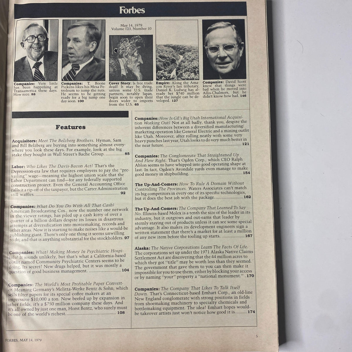 Inside page of Forbes Magazine May 14, 1979 showcasing various articles and company features relevant to economic trends and corporate strategies.