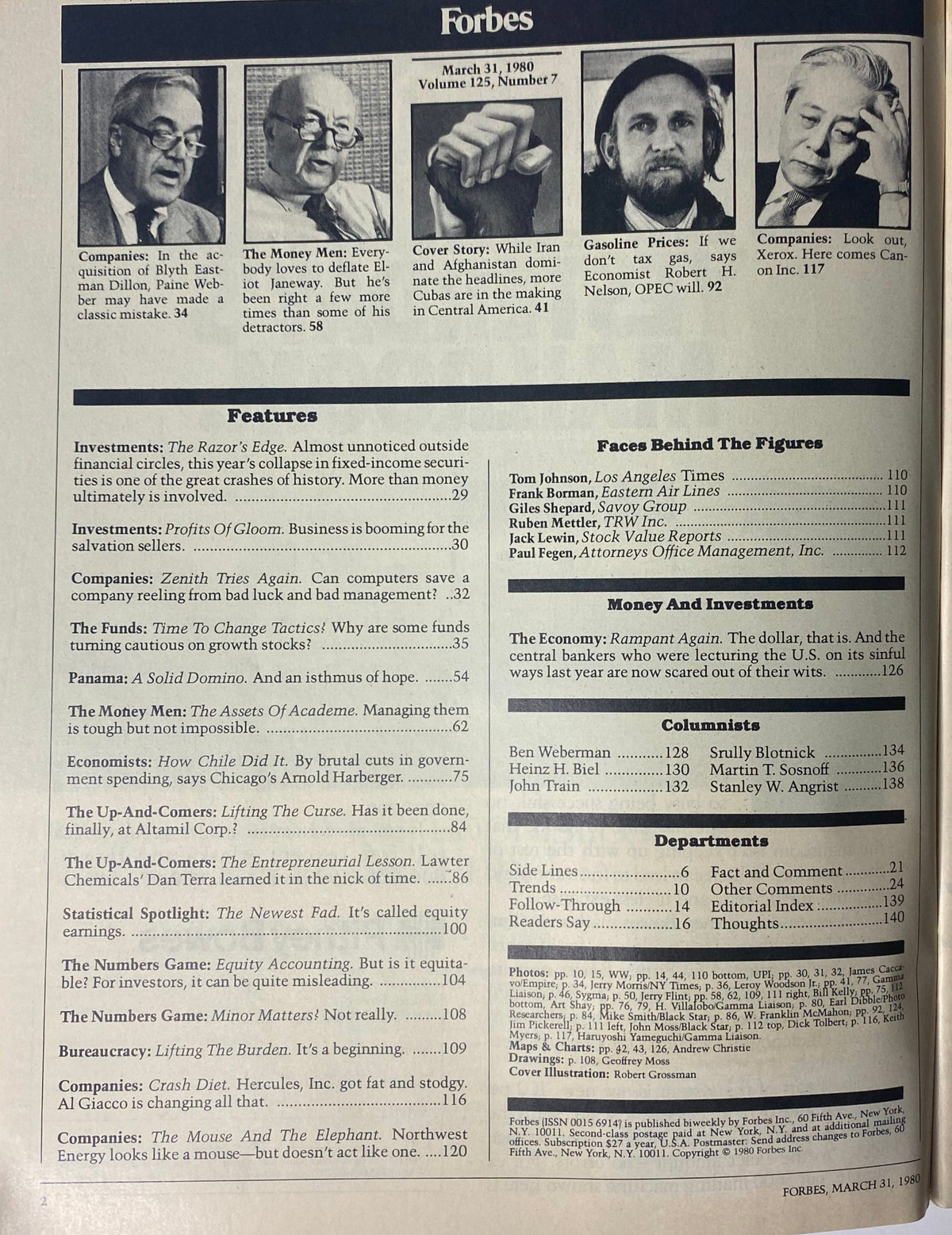 Inside pages of Forbes Magazine March 31, 1980, displaying articles and features relevant to the geopolitical climate and economic analysis of the Cold War era.