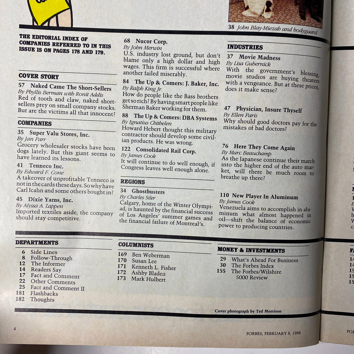 Forbes Magazine interior page showing the editorial index and list of companies featured in the February 8, 1988 issue, including 'Naked Came The Short-Sellers' article.
