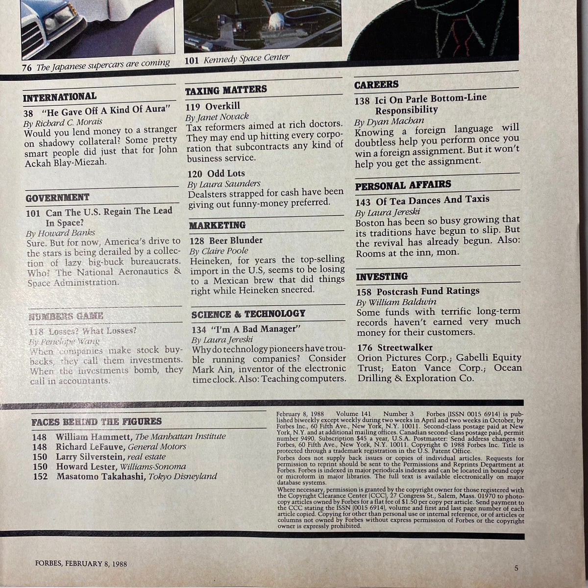 Forbes Magazine interior page from February 8, 1988, containing articles on international topics, marketing, and government issues, with the headline 'Can The U.S. Regain The Lead In Space?'.
