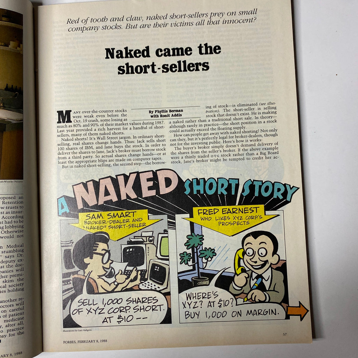 Page 57 of Forbes Magazine February 8, 1988 featuring the cover story 'Naked Came The Short-Sellers' with a cartoon illustration about short-selling practices in the stock market.