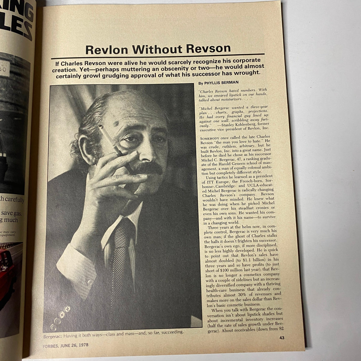 Article page from Forbes Magazine June 26, 1978 discussing Michel Bergerac's leadership at Revlon, titled 'Revlon Without Revson'.