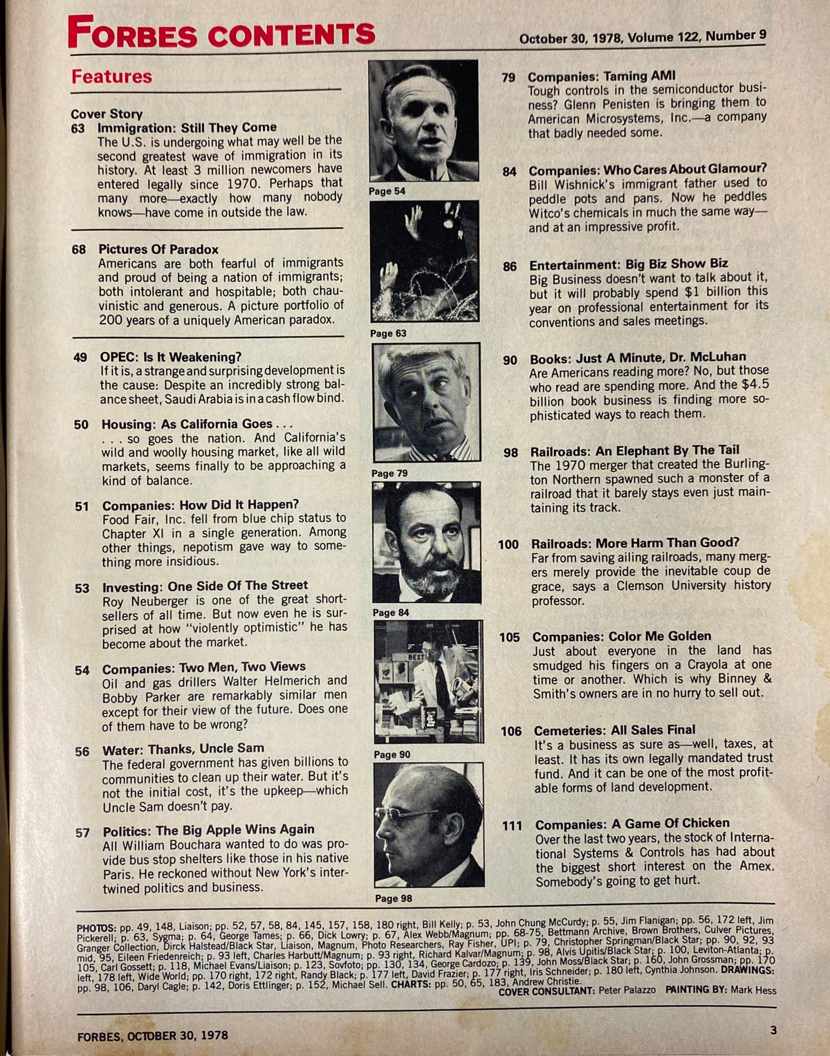 Contents page of Forbes Magazine, October 30, 1978, detailing features including the cover story 'Immigration: Still They Come' and various articles on economic issues.