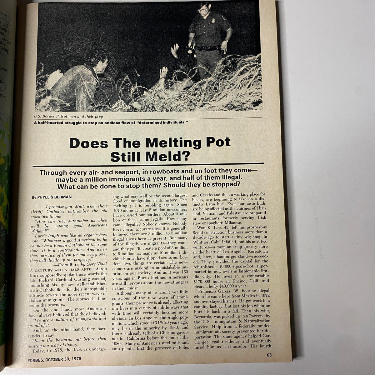 An article spread from Forbes Magazine October 30, 1978 titled 'Does The Melting Pot Still Meld?', discussing immigration patterns and challenges faced during that time.