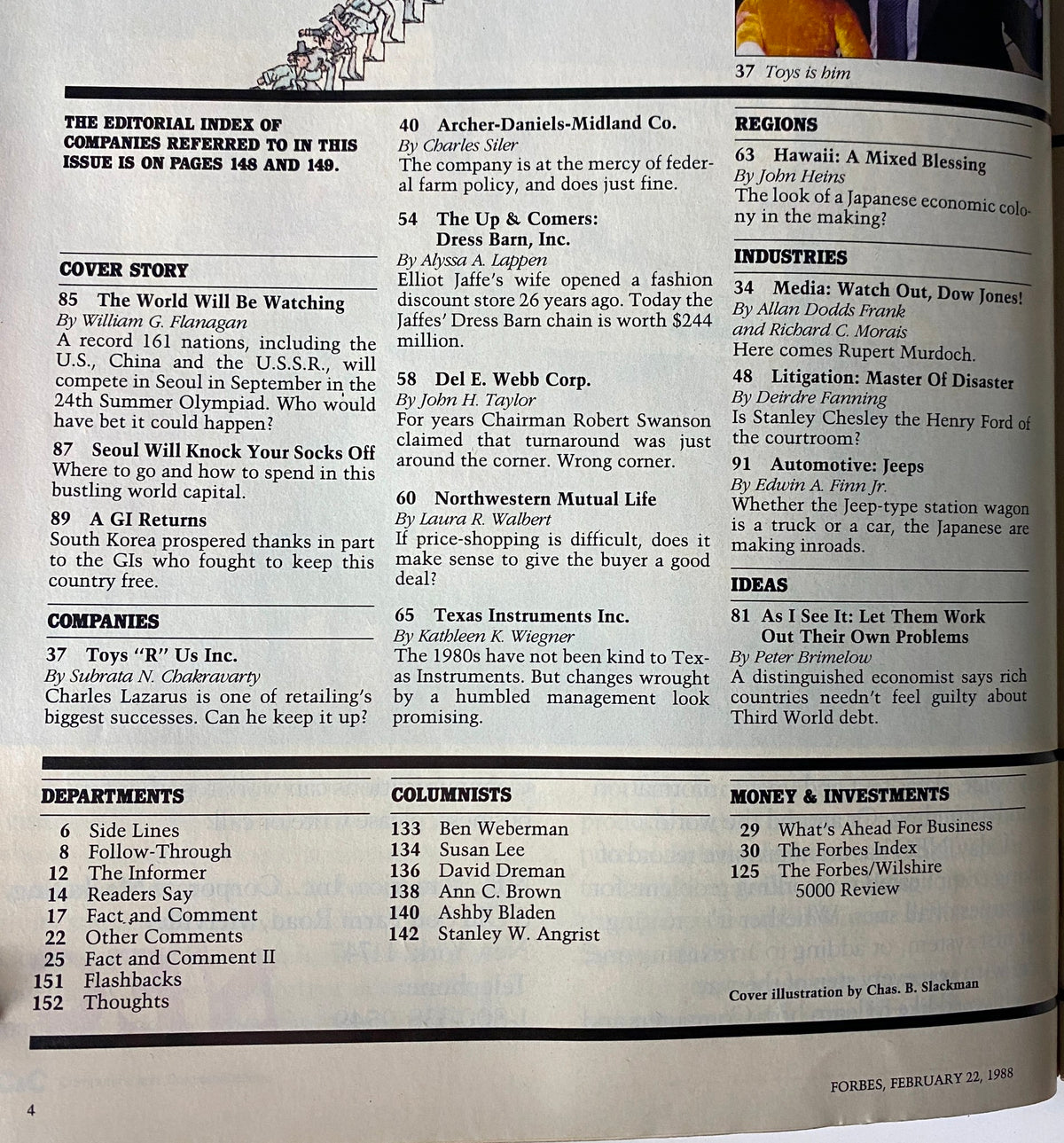 Interior page of Forbes Magazine from February 22, 1988 displaying the editorial index and cover story titled 'The World Will Be Watching' along with company references.