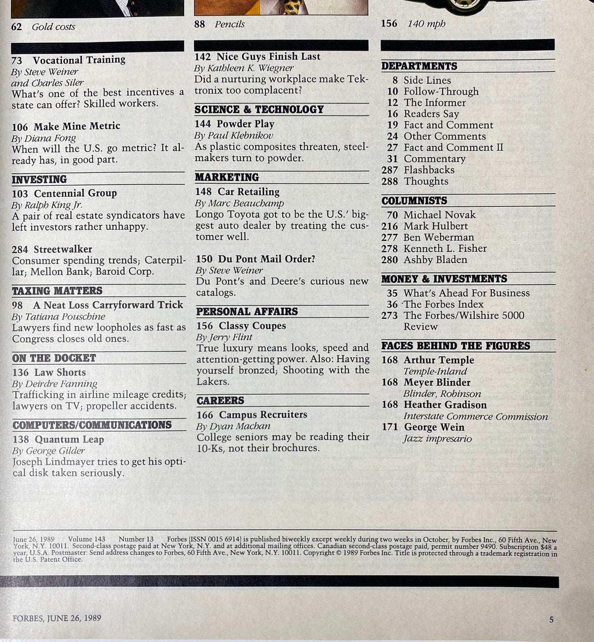 Forbes Magazine June 26, 1989 page displaying an editorial index and investment topics including mutual funds and the stock market.