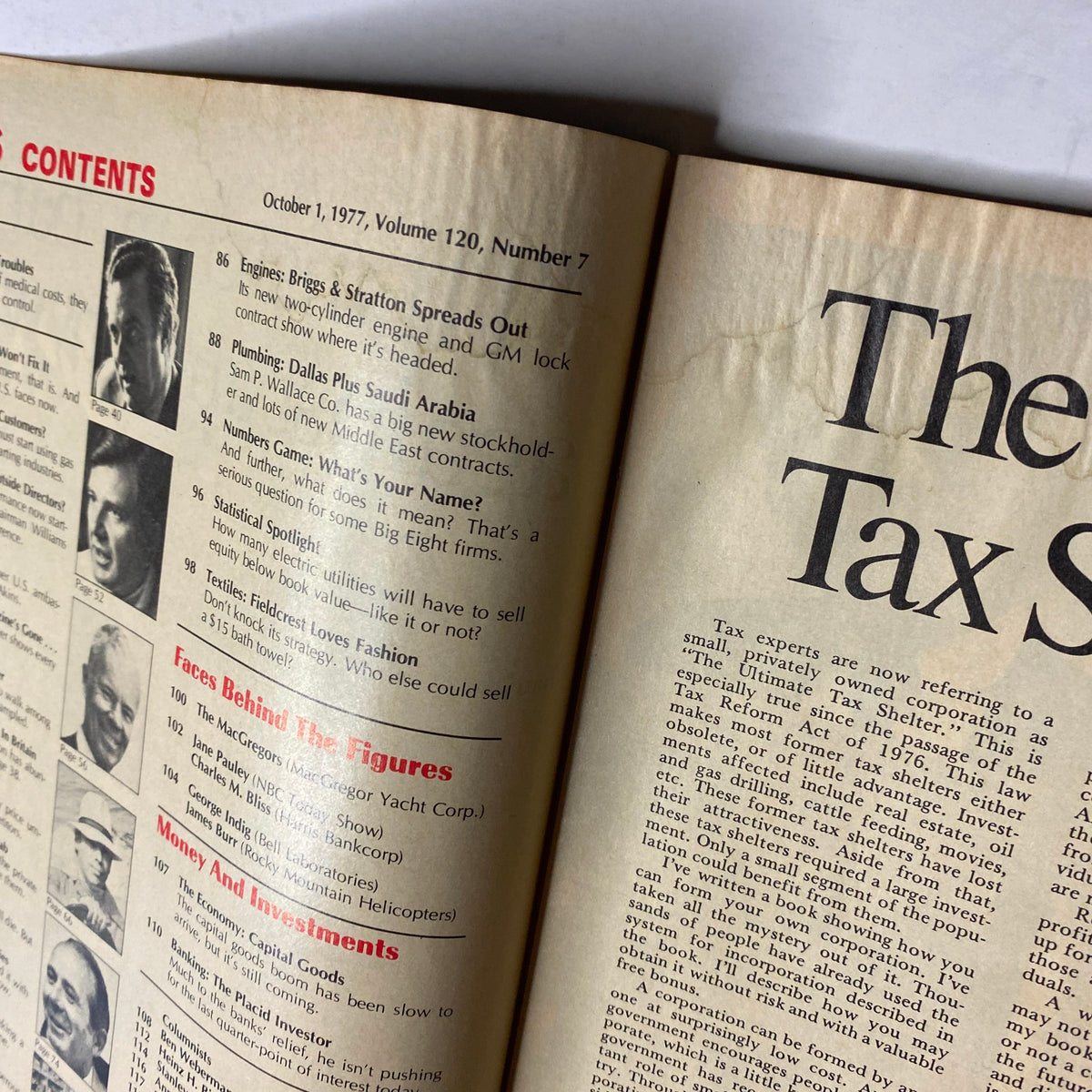 Close-up of the contents page from Forbes Magazine October 1, 1977, highlighting notable features such as 'Briggs & Stratton Spreads Out' and 'The Economy: Capital Goods'.
