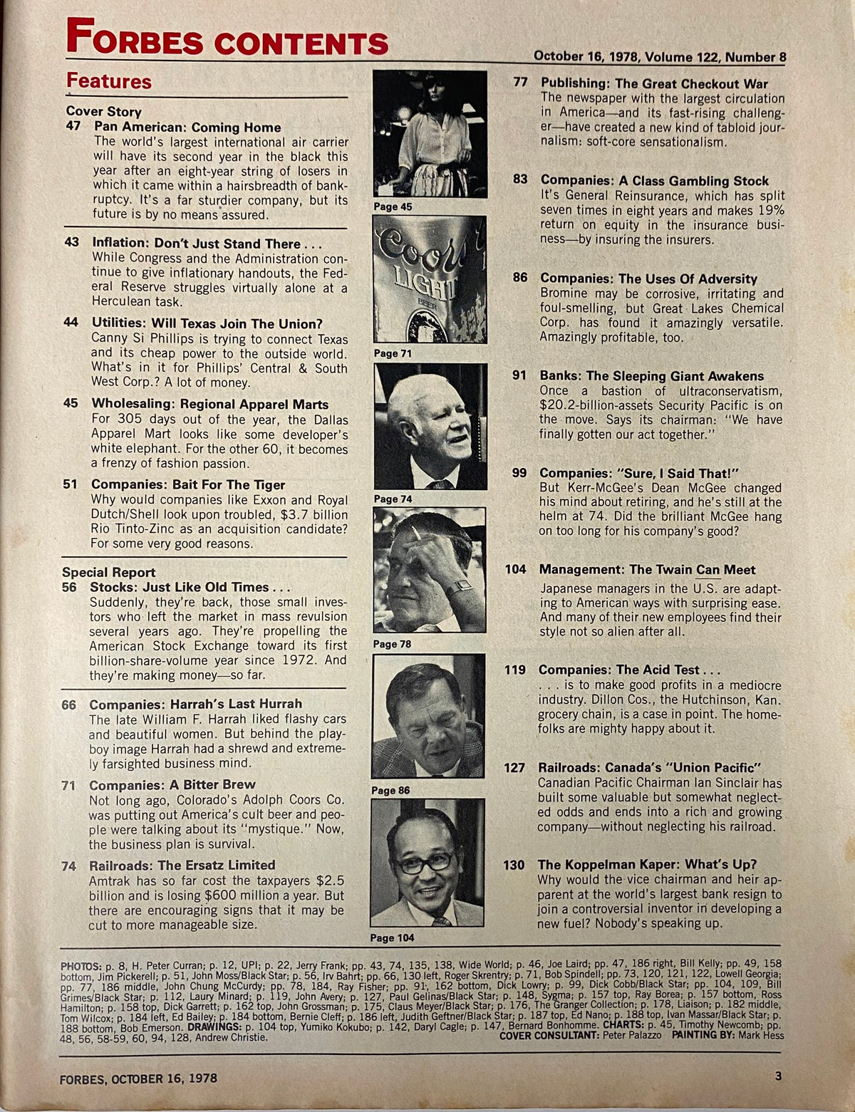 Interior page from Forbes Magazine October 16, 1986, showcasing the table of contents with featured articles including 'Pan American: Coming Home'.